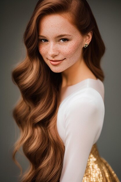 Une fille avec des taches de rousseur et une robe blanche