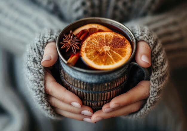 Une fille avec une tasse de vin chaud dans les mains le soir d'hiver.