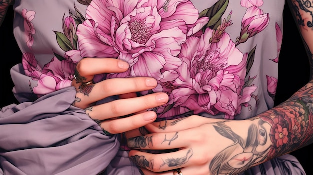 fille avec un tatouage avec une fleur rose dans sa main avec une place pour le tatouage gros plan