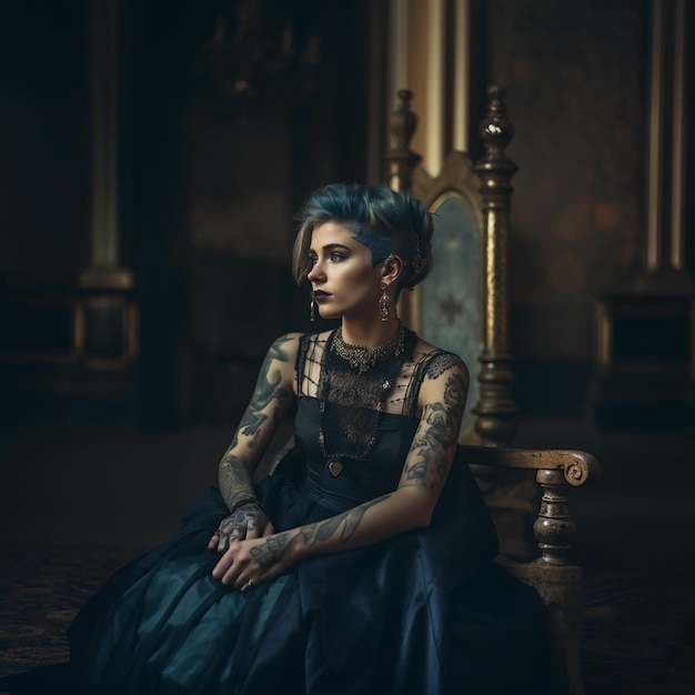 Une fille avec des tatouages de cheveux brillants et des piercings dans une vieille robe médiévale rétro un portrait créatif