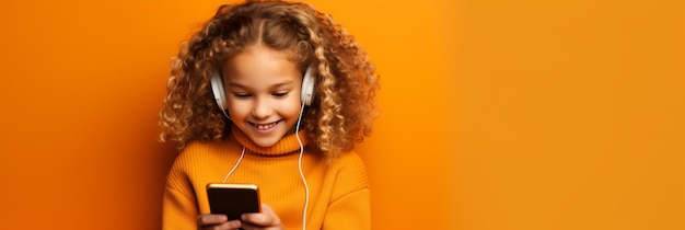 Fille avec téléphone sur fond orange