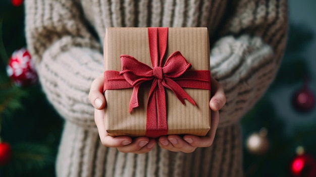 fille tenant une boîte avec un cadeau dans ses mains mise au point sélective IA générative