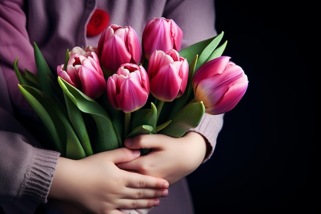 Une fille tenant un bouquet de fleurs sur fond noir