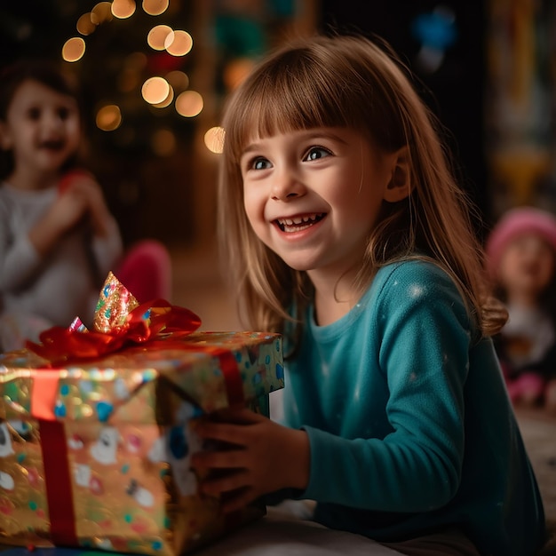 Une fille tenant un cadeau avec un arbre de Noël en arrière-plan