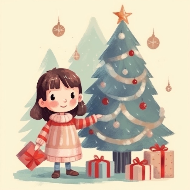 une fille tenant un cadeau à côté d'un arbre de Noël.