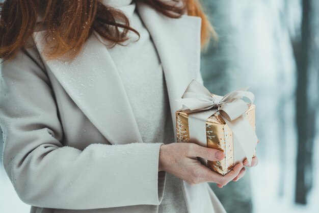 Fille tenant des cadeaux de Noël dans les mains - bonne année