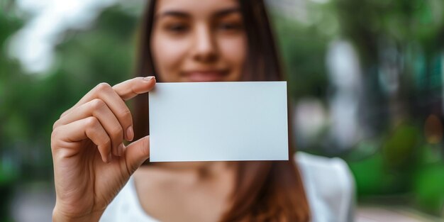 Fille tenant une carte-cadeau Jeune belle femme montrant un espace de copie sur un panneau vide ou une carte- cadeau isolée sur un fond bleu