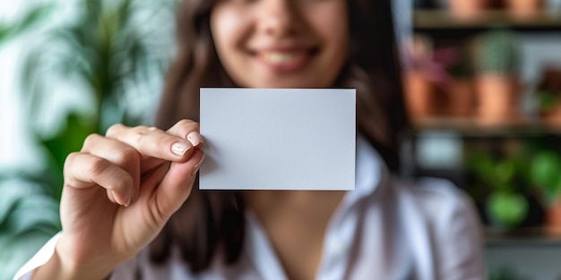 Fille tenant une carte-cadeau Jeune belle femme montrant un espace de copie sur un panneau vide ou une carte- cadeau isolée sur un fond bleu