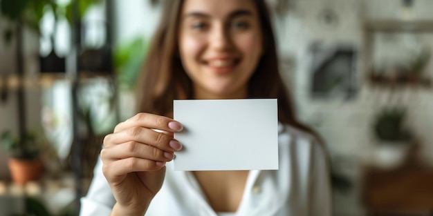 Fille tenant une carte-cadeau Jeune belle femme montrant un espace de copie sur un panneau vide ou une carte- cadeau isolée sur un fond bleu