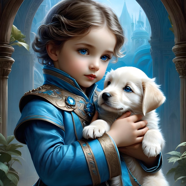 une fille tenant un chiot et un chiot dans un costume bleu