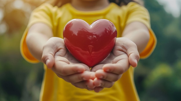 une fille tenant un cœur qui dit amour dans les mains