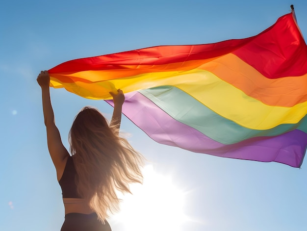 Fille tenant le drapeau arc-en-ciel Concept de fierté LGBT généré par l'IA