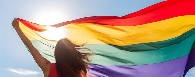 Fille tenant le drapeau arc-en-ciel Concept de fierté LGBT généré par l'IA