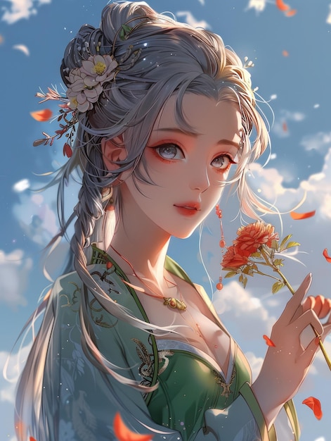 Une fille tenant des fleurs bust illustration d'anime