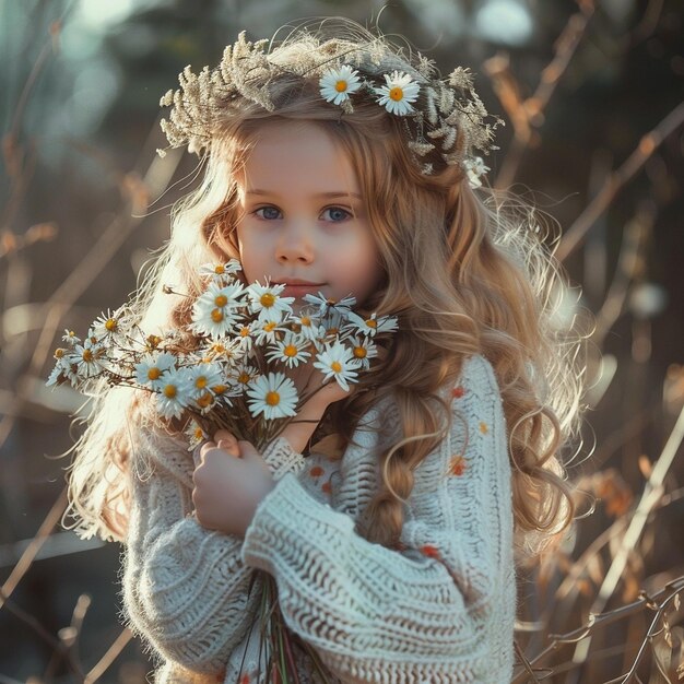 Photo une fille tenant un grand bouquet de fleurs blanches