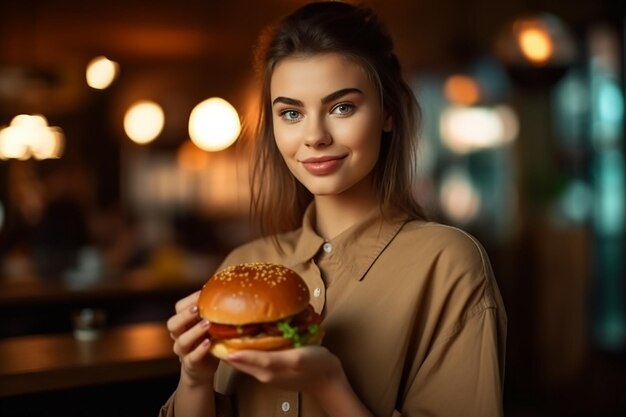 une fille tenant un hamburger avec un hamburger sur le dessus.