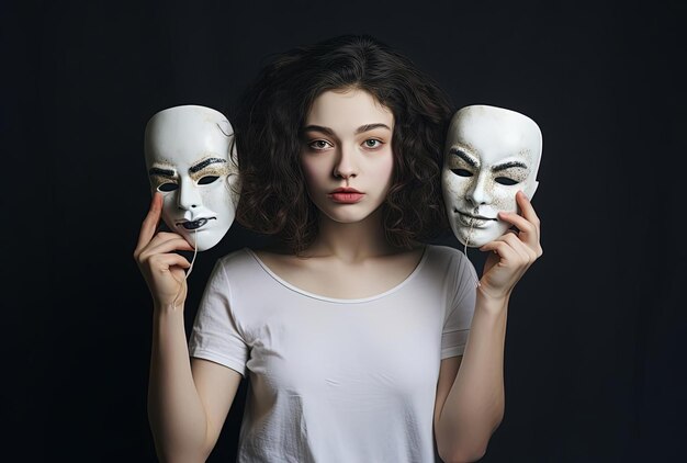 une fille tenant des masques et des acteurs de chaque côté dans le style de compositions minimalistes