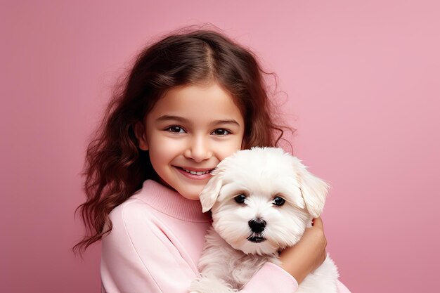 Une fille tenant un mignon petit chiot de corgi isolé sur un fond rose