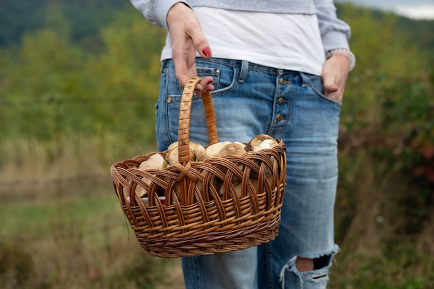 fille tenant un panier en osier de cèpes