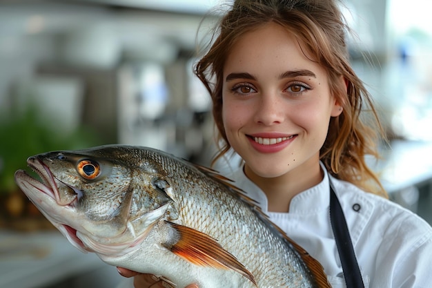 Photo une fille tenant un poisson qui a le mot poisson dessus