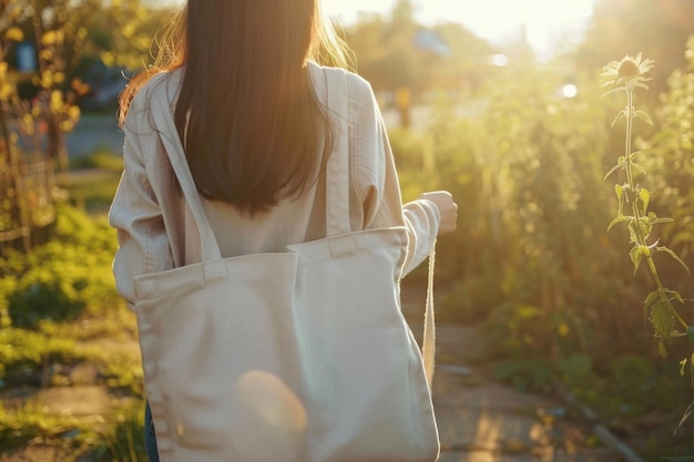 Photo fille tenant un sac en toile sur fond de lumière solaire concept de réchauffement climatique