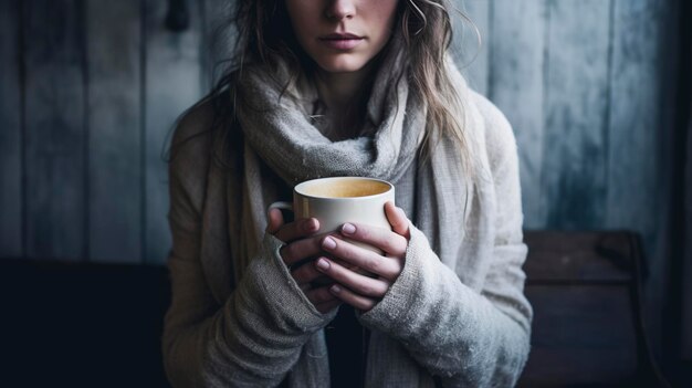 Photo fille tenant une tasse avec du café ou du thé liquide chaud météo d'hiver ou d'automne