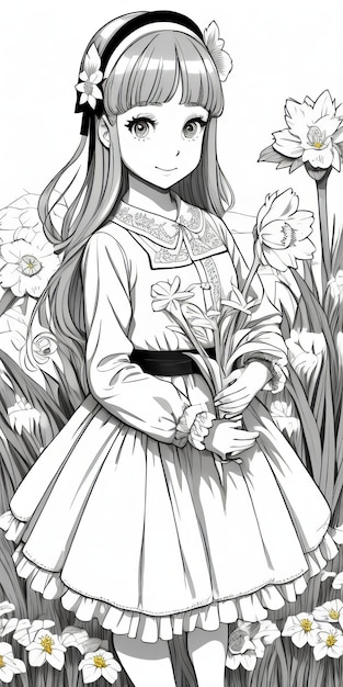 Fille tenir une fleur dans la main Contour dessin dessin animé anime dessin au trait noir amp fond blanc