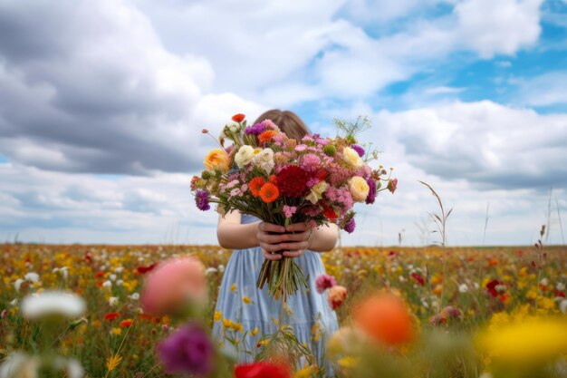 Fille sur le terrain tenant un bouquet d'été de fleurs générative ai