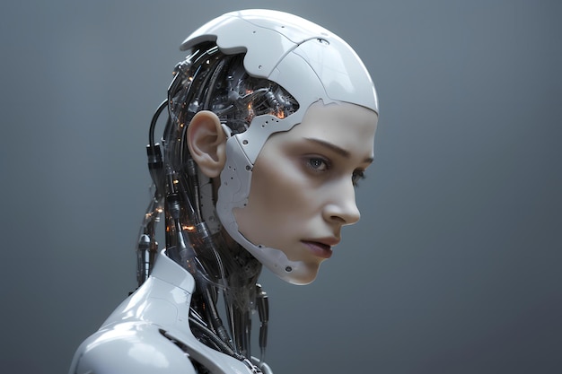 Fille avec tête et visage de robot IA futuriste