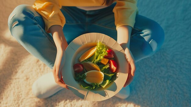 Une fille tient une assiette en papier avec de la nourriture saine assise sur le sol.