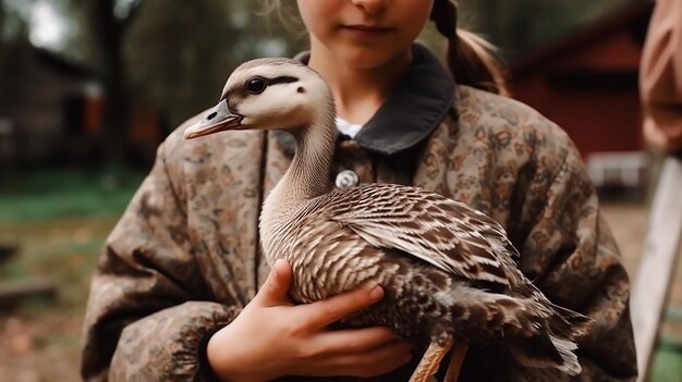 Une fille tient un canard dans ses mains.