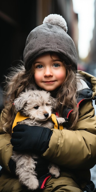 Une fille tient un chiot dans ses bras.