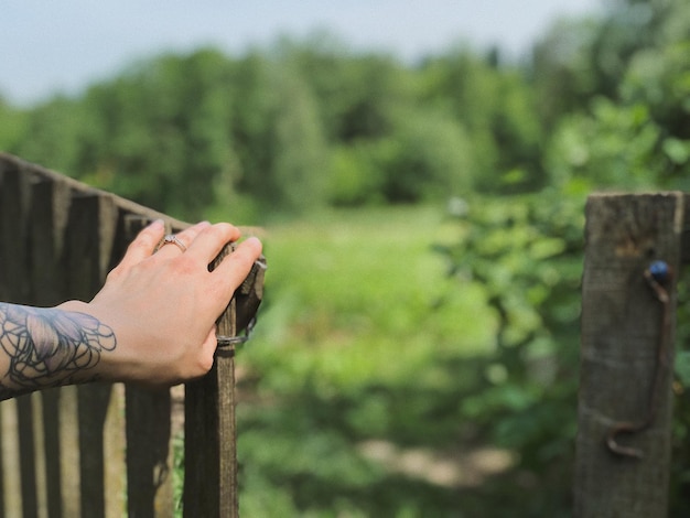 la fille tient une clôture en bois avec sa main