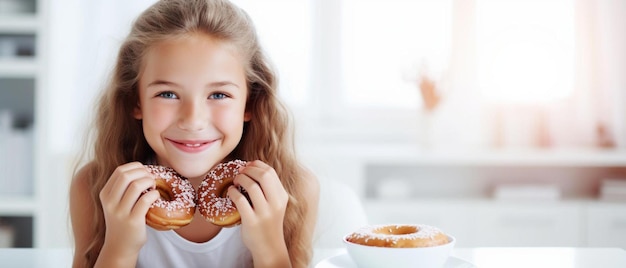 une fille tient un donut et une tasse de café