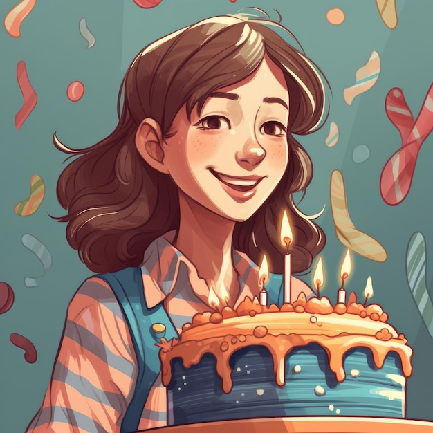 Une fille tient un gâteau tout en célébrant une illustration de dessin animé d'anniversaire avec une IA générative