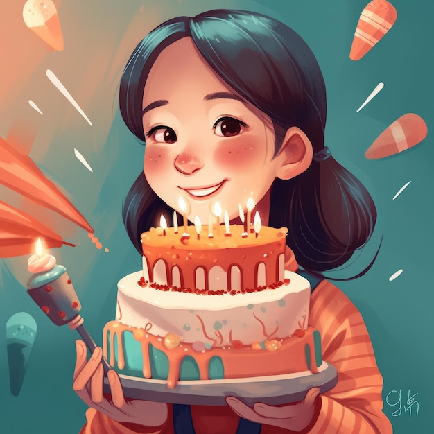 Une fille tient un gâteau tout en célébrant une illustration de dessin animé d'anniversaire avec une IA générative