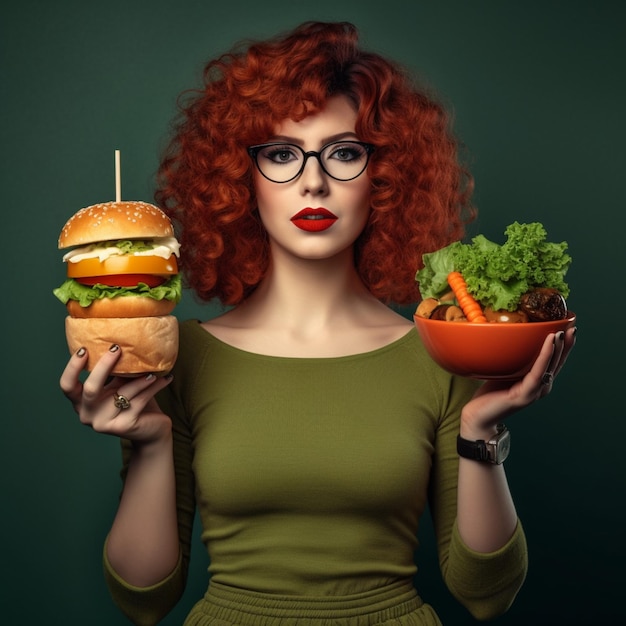 La fille tient un hamburger et des légumes