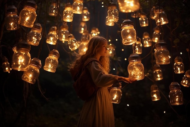 Une fille tient une lanterne qui dit "la lumière" dans le ciel.