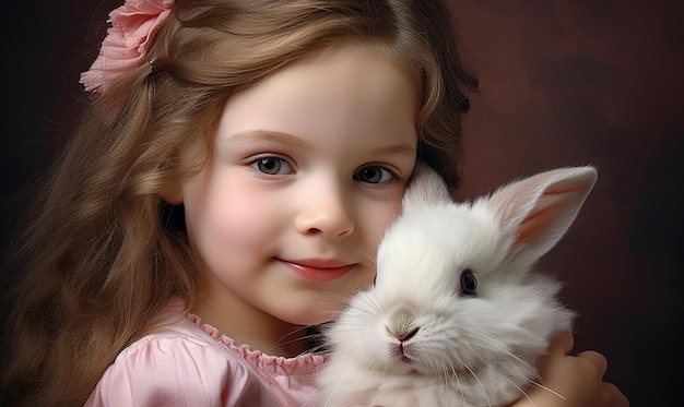 une fille tient un lapin et regarde la caméra