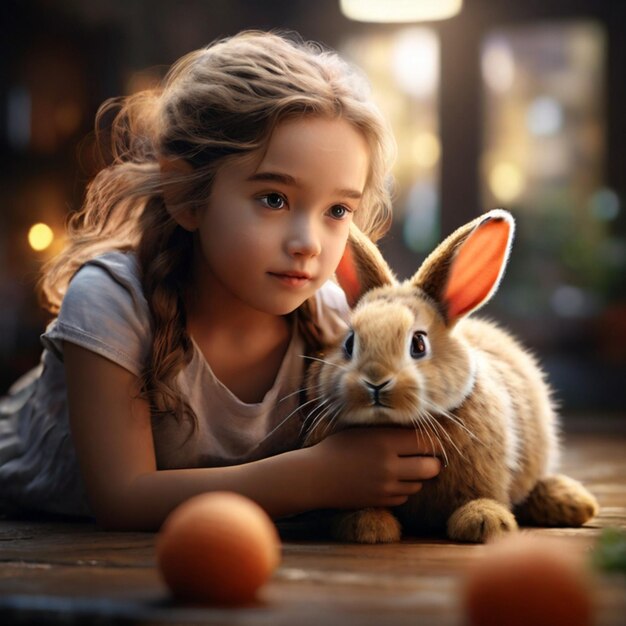 une fille tient un lapin et regarde le lapin