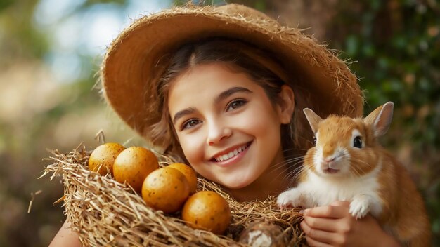 une fille tient un lapin et tient un panier de fleurs