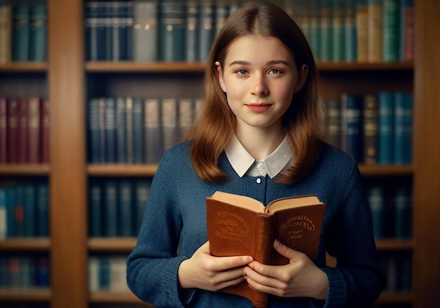 une fille tient un livre devant une étagère