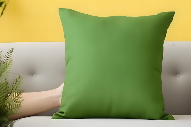 La fille tient l'oreiller vert dans les mains modèle d'oreiller
