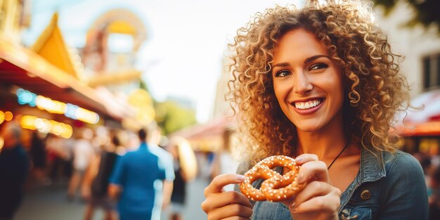 Photo une fille tient un pretzel allemand traditionnel à l'extérieur