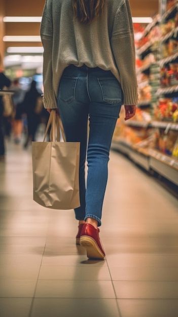 Une fille tient des sacs en papier dans ses mains dans un magasin Arrière-plan flou AI générative