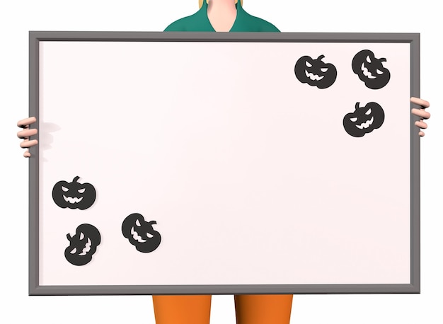 Une fille tient un tableau d'écriture avec des motifs de citrouille dans les coins pour Halloween 3drendering