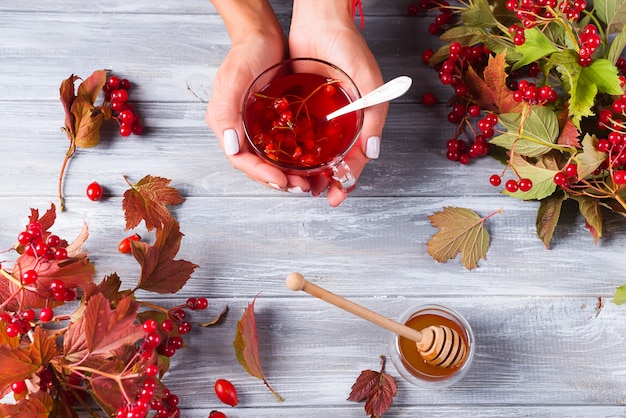 Une fille tient une tasse de thé de vitamine bio avec un viburnum sur un fond en bois gris