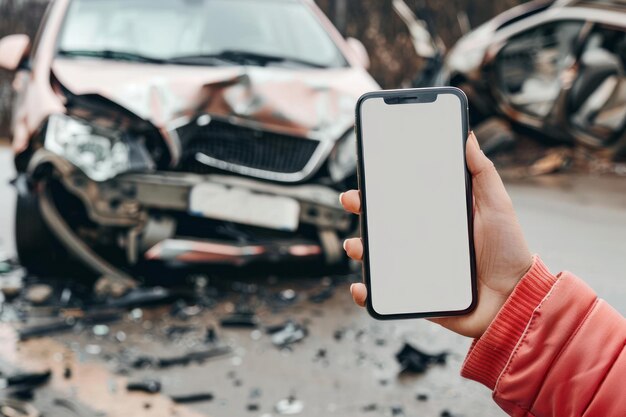 Une fille tient un téléphone avec une maquette d'écran blanc à côté d'une voiture cassée dans un accident