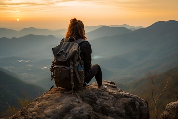 Une fille touriste est assise sur une pierre avec une vue sur les montagnes 1