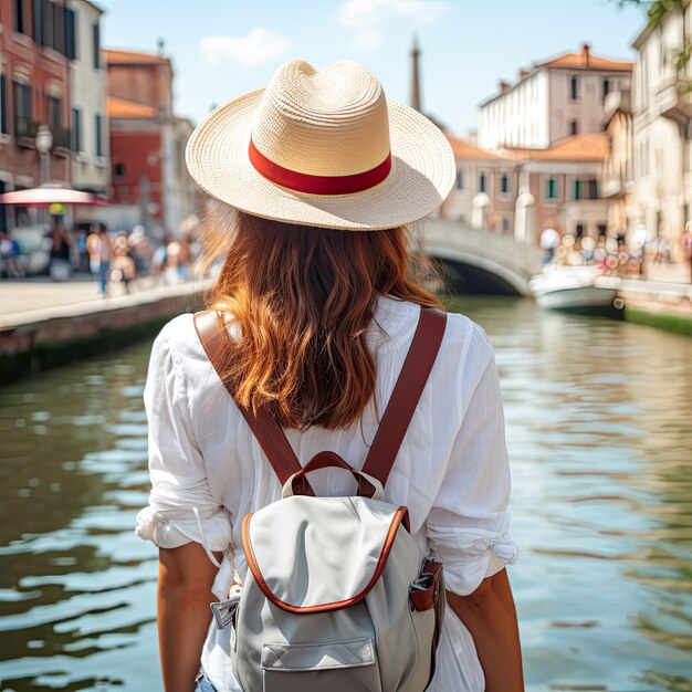 une fille touriste avec un sac à dos sur les épaules voyage à travers l'Europe